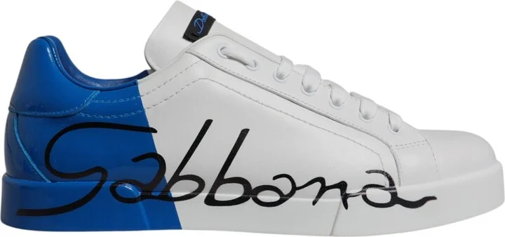 White Blue Leather Logo Low Top Sneakers Men's Shoes