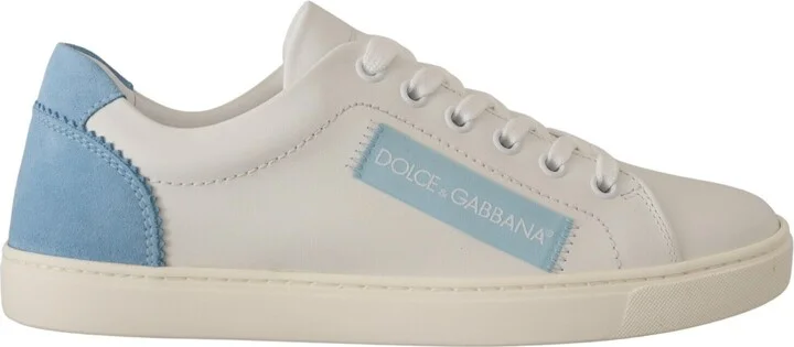 White Blue Leather Low Top Sneakers Women's Shoes