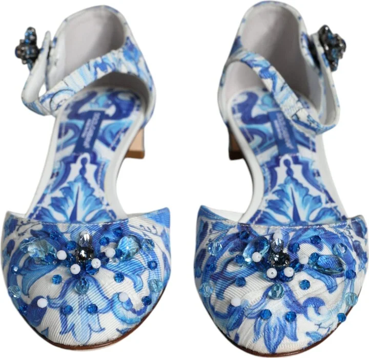 White Blue Majolica Print Ankle Strap Sandals Women's Shoes (Pre-Owned) - Image 2