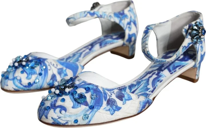 White Blue Majolica Print Ankle Strap Sandals Women's Shoes (Pre-Owned) - Image 3