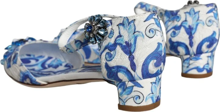 White Blue Majolica Print Ankle Strap Sandals Women's Shoes (Pre-Owned) - Image 4