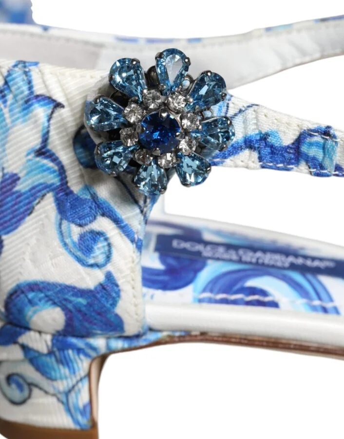 White Blue Majolica Print Ankle Strap Sandals Women's Shoes (Pre-Owned) - Image 5