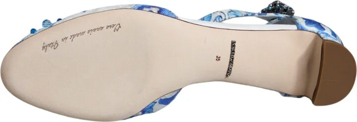 White Blue Majolica Print Ankle Strap Sandals Women's Shoes (Pre-Owned) - Image 6