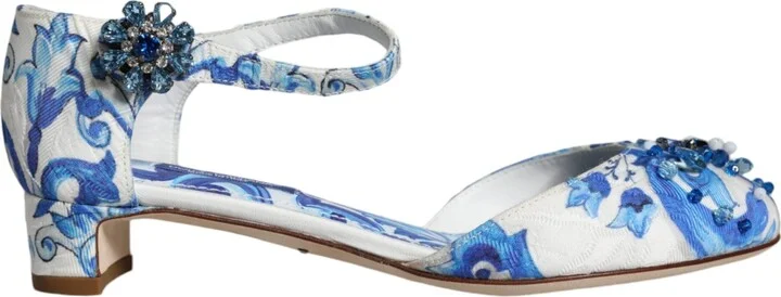 White Blue Majolica Print Ankle Strap Sandals Women's Shoes (Pre-Owned)