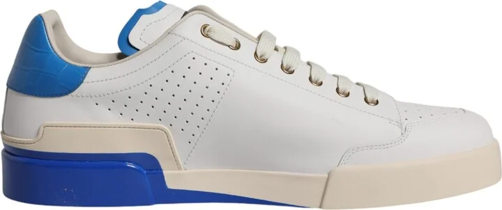 White Blue Perforated Low Top Sneakers Men's Shoes
