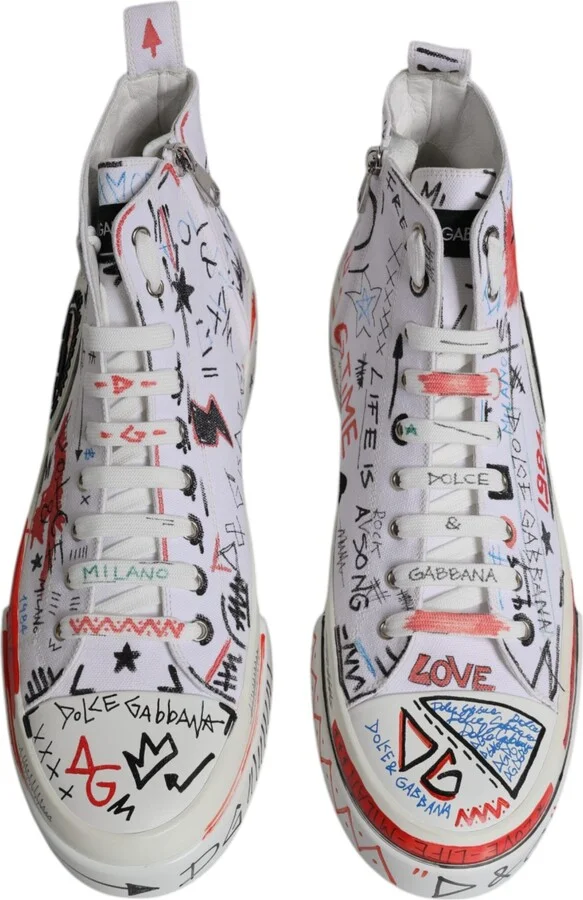White Cotton Graffiti High Top Sneaker Men's Shoes - Image 3