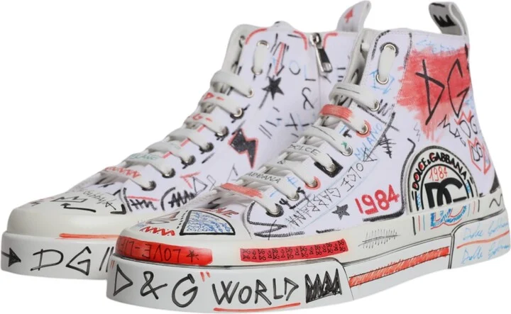 White Cotton Graffiti High Top Sneaker Men's Shoes - Image 4