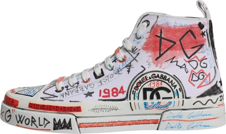 White Cotton Graffiti High Top Sneaker Men's Shoes - Image 6