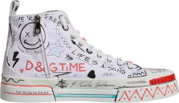 White Cotton Graffiti High Top Sneaker Men's Shoes