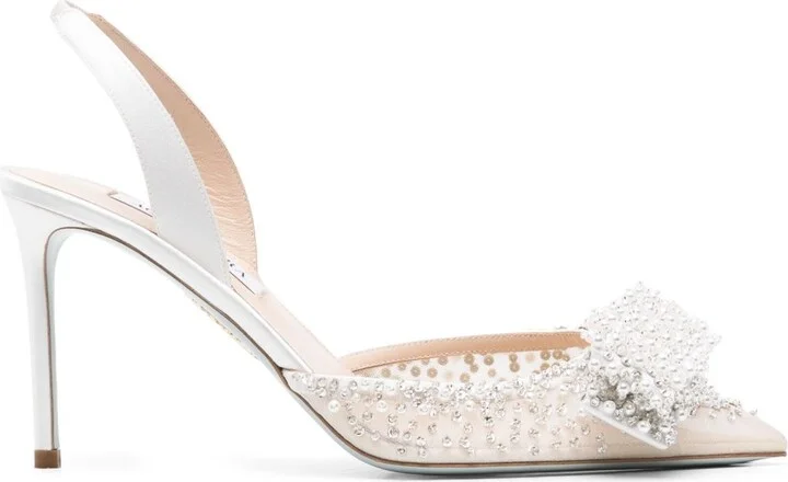 White Crystal-Embellished Slingback Pumps