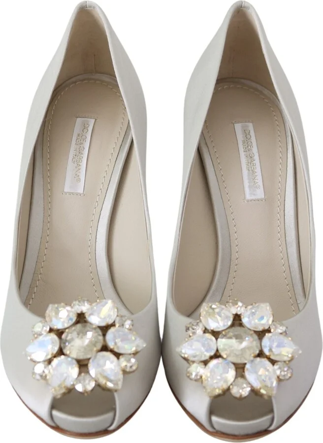 White Crystals Peep Toe Heels Satin Pumps Women's Shoes - Image 4