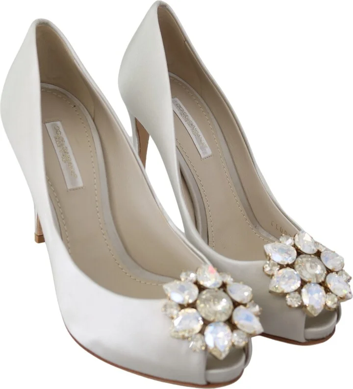 White Crystals Peep Toe Heels Satin Pumps Women's Shoes - Image 5