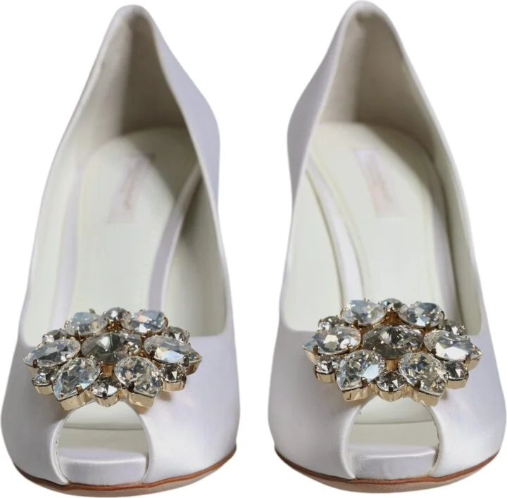 White Crystals Peep Toe Satin Pumps Women's Shoes (Pre-Owned) - Image 2