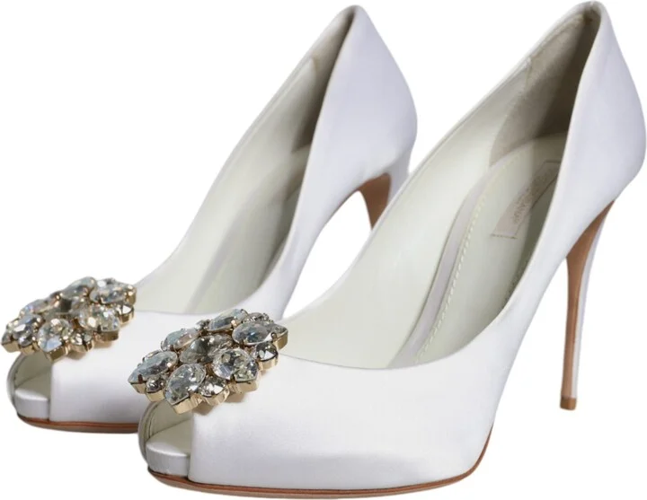 White Crystals Peep Toe Satin Pumps Women's Shoes (Pre-Owned) - Image 3
