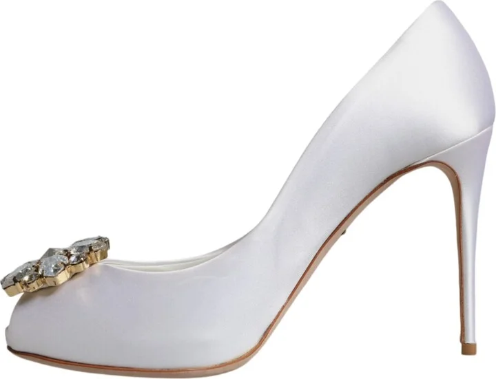 White Crystals Peep Toe Satin Pumps Women's Shoes (Pre-Owned) - Image 5