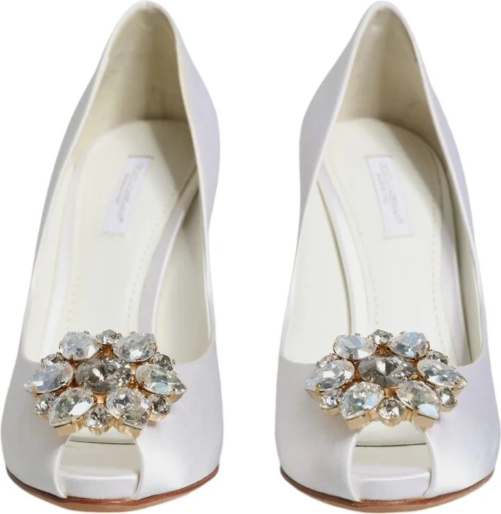 White Crystals Peep Toe Satin Pumps Women's Shoes (Pre-Owned) - Image 2