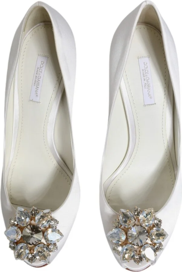 White Crystals Peep Toe Satin Pumps Women's Shoes (Pre-Owned) - Image 3