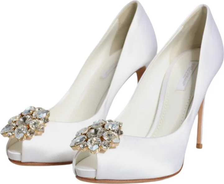 White Crystals Peep Toe Satin Pumps Women's Shoes (Pre-Owned) - Image 4