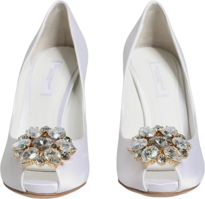 White Crystals Peep Toe Satin Pumps Women's Shoes (Pre-Owned) - Image 2