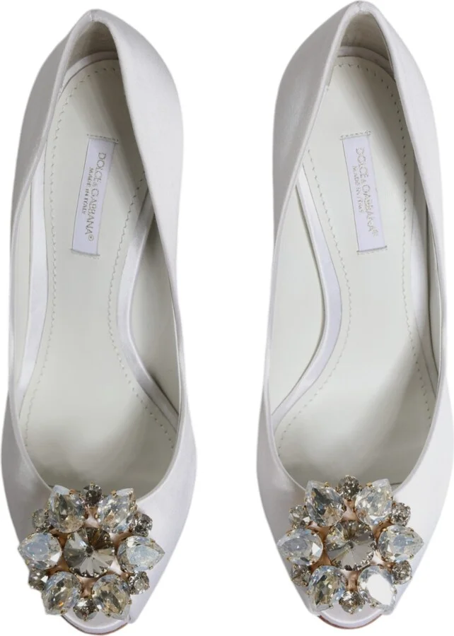 White Crystals Peep Toe Satin Pumps Women's Shoes (Pre-Owned) - Image 3