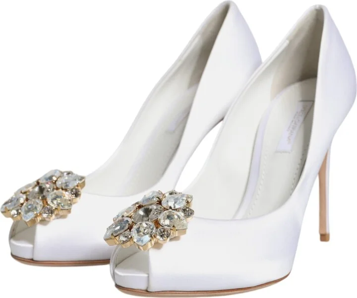 White Crystals Peep Toe Satin Pumps Women's Shoes (Pre-Owned) - Image 4