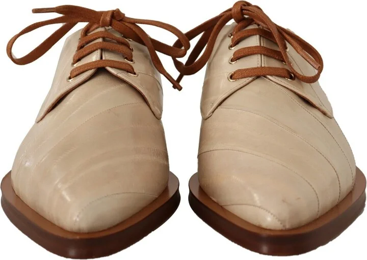 White Eel Leather Lace Up Formal Flats Women's Shoes - Image 2