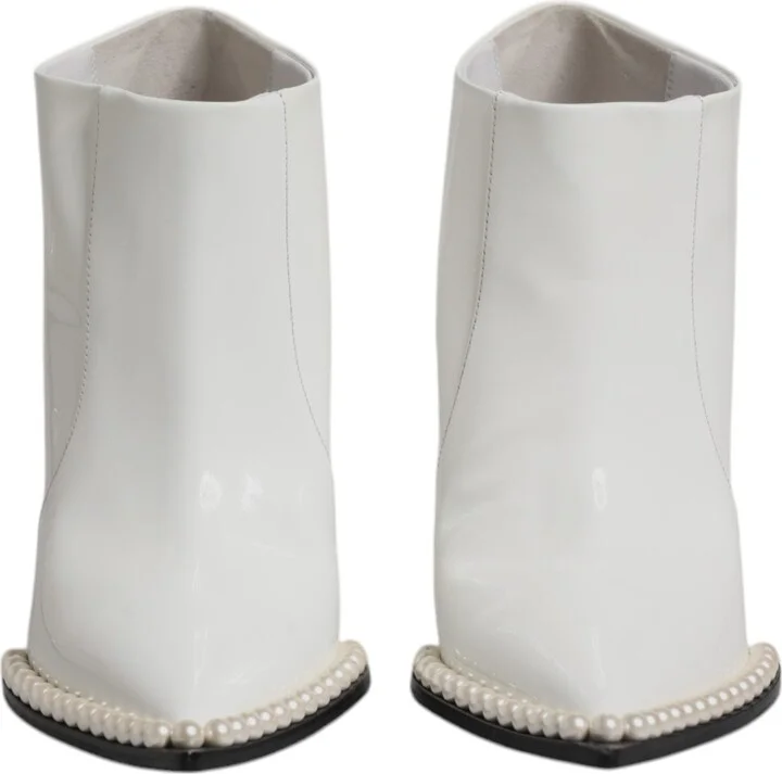 White Faux Pearl Leather Pointed Toe Ankle Boot Women's Shoes (Pre-Owned) - Image 2