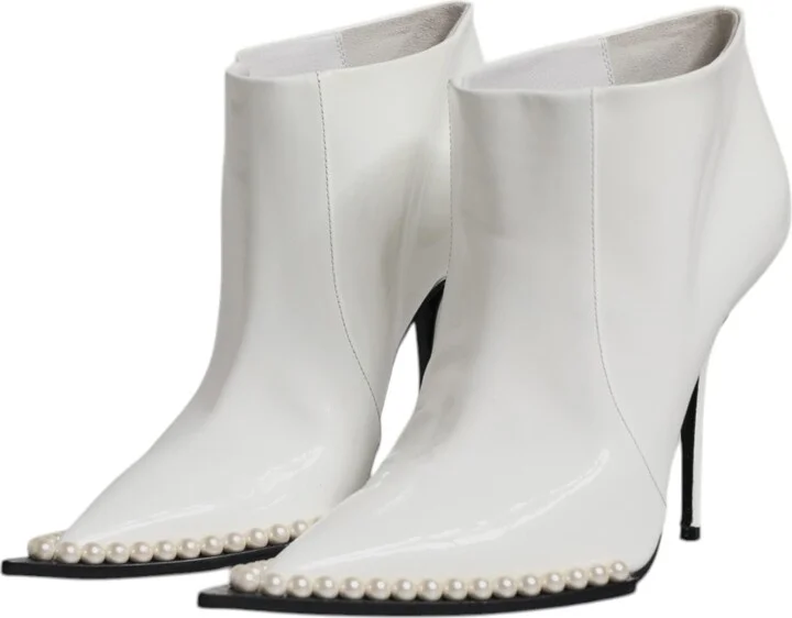 White Faux Pearl Leather Pointed Toe Ankle Boot Women's Shoes (Pre-Owned) - Image 4