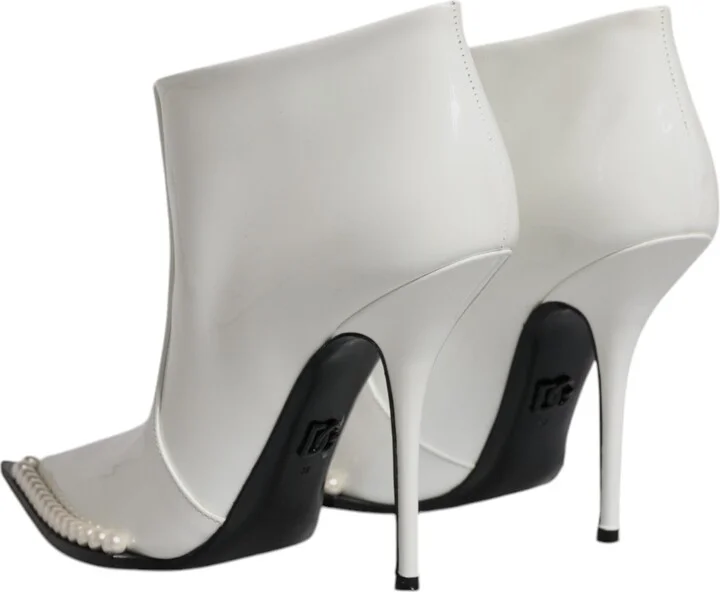 White Faux Pearl Leather Pointed Toe Ankle Boot Women's Shoes (Pre-Owned) - Image 5