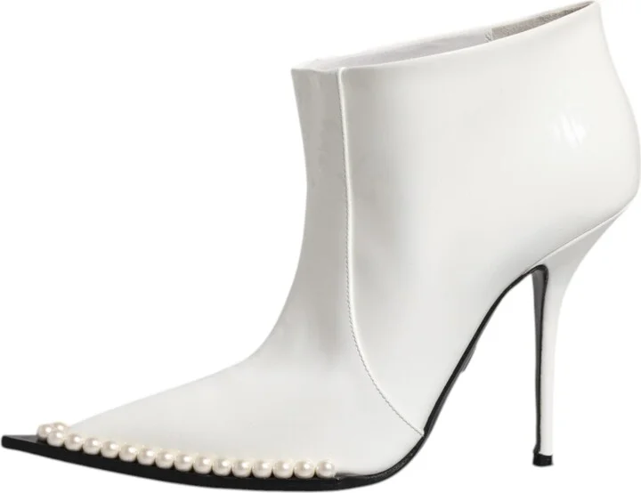 White Faux Pearl Leather Pointed Toe Ankle Boot Women's Shoes (Pre-Owned) - Image 6