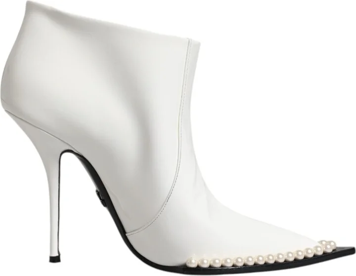 White Faux Pearl Leather Pointed Toe Ankle Boot Women's Shoes (Pre-Owned)