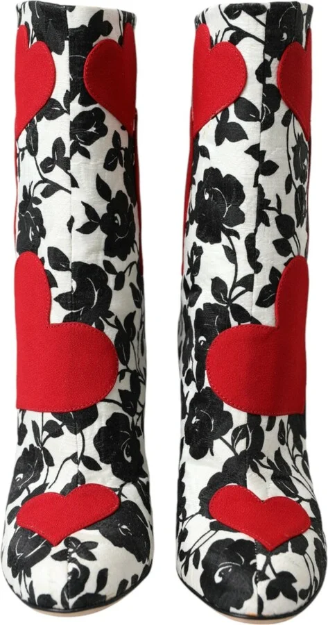 White Floral Hearts Leather High Boots Women's Shoes - Image 2