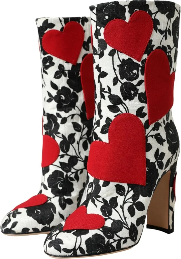 White Floral Hearts Leather High Boots Women's Shoes - Image 3