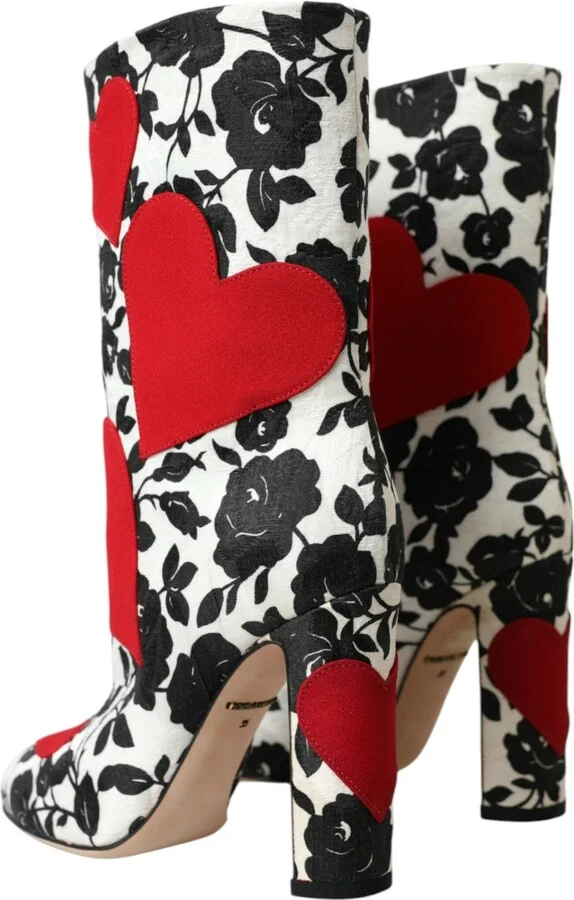 White Floral Hearts Leather High Boots Women's Shoes - Image 4