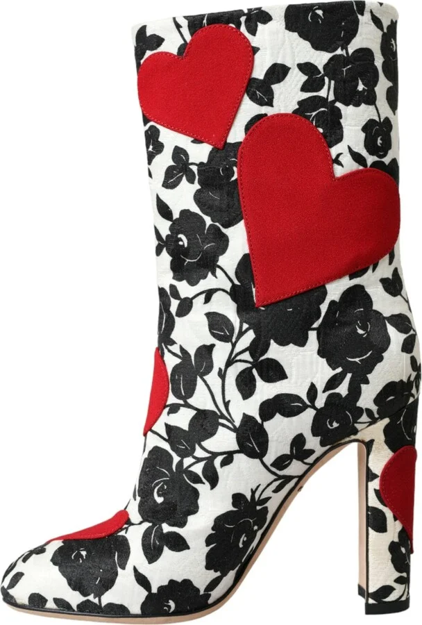 White Floral Hearts Leather High Boots Women's Shoes - Image 5