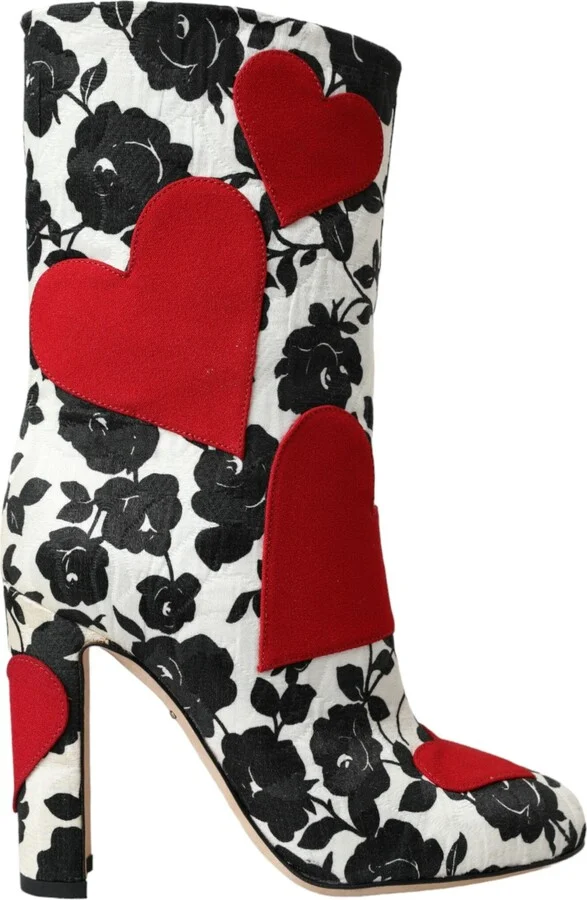 White Floral Hearts Leather High Boots Women's Shoes