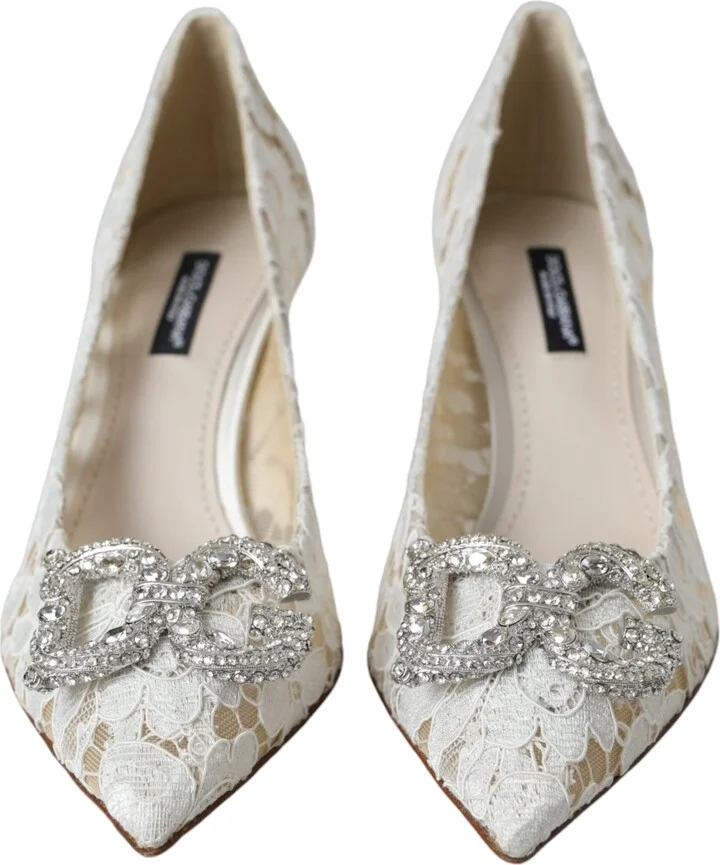 White Floral Lace DG Crystal Pumps Women's Shoes (Pre-Owned) - Image 2
