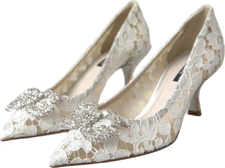 White Floral Lace DG Crystal Pumps Women's Shoes (Pre-Owned) - Image 3