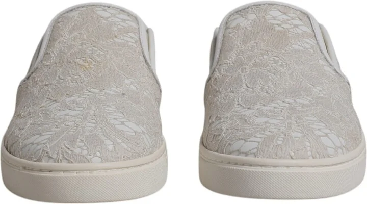 White Floral Lace Slip On Loafers Women's Shoes (Pre-Owned) - Image 2