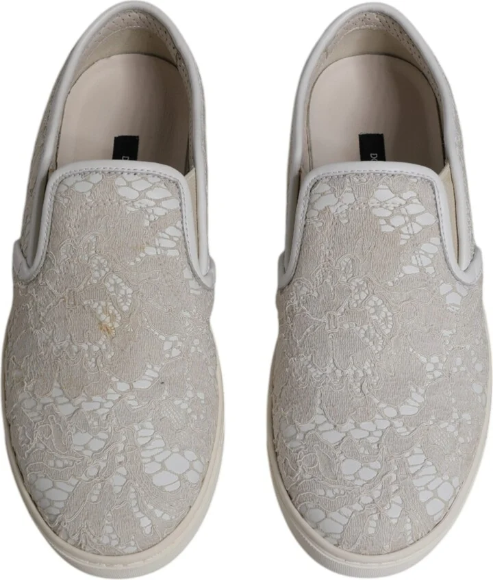 White Floral Lace Slip On Loafers Women's Shoes (Pre-Owned) - Image 3