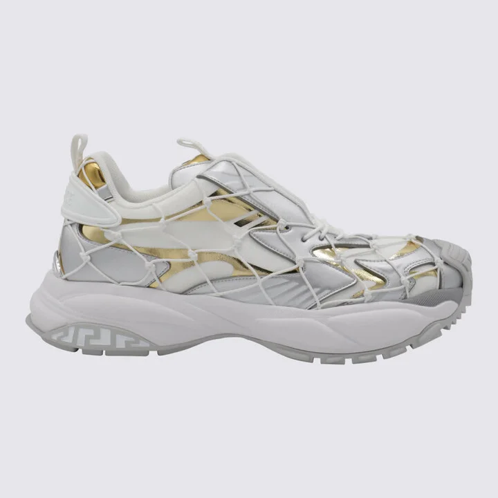 White, Grey And Gold-tone Canvas Sneakers