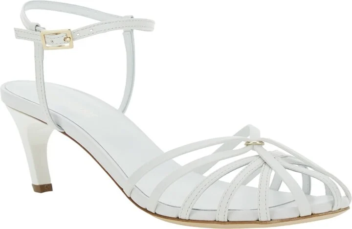 White Heeled Sandals With Cage Design In Leather Woman - Image 2
