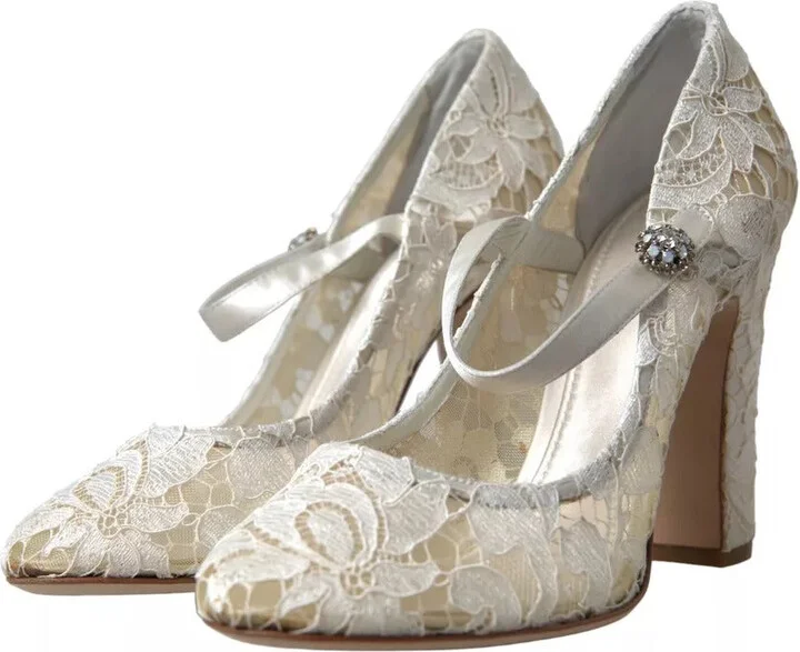 White Lace Crystals Heels Sandals Women's Shoes (Pre-Owned) - Image 4
