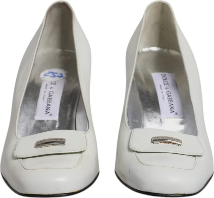 White Leather Block Heels Pumps Women's Shoes (Pre-Owned) - Image 2