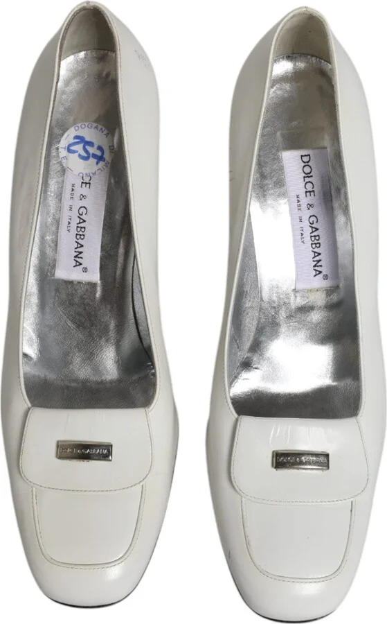 White Leather Block Heels Pumps Women's Shoes (Pre-Owned) - Image 3