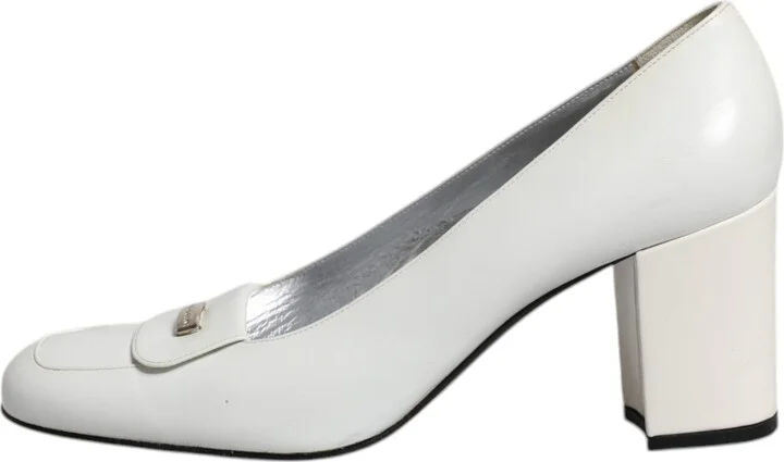 White Leather Block Heels Pumps Women's Shoes (Pre-Owned) - Image 6