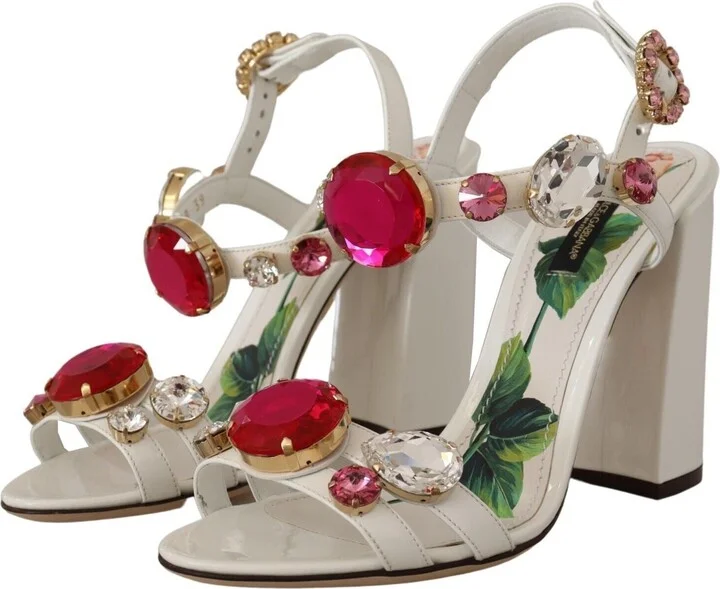 White Leather Crystal Keira Heels Sandals Women's Shoes - Image 2