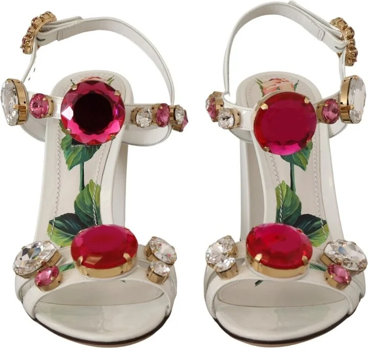 White Leather Crystal Keira Heels Sandals Women's Shoes - Image 3