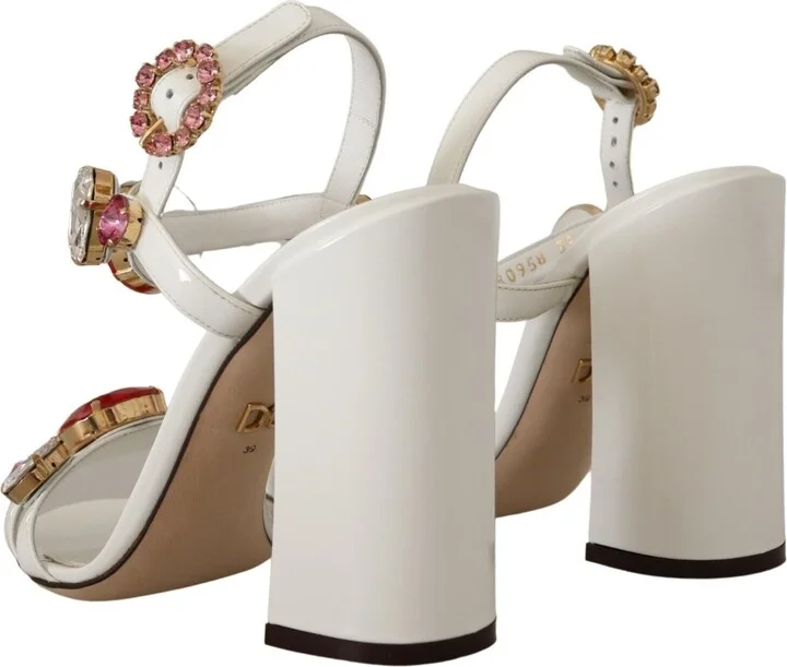 White Leather Crystal Keira Heels Sandals Women's Shoes - Image 4