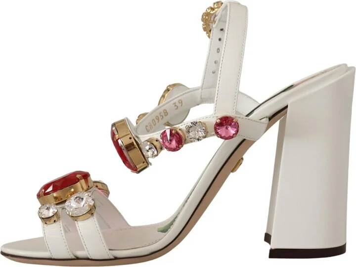 White Leather Crystal Keira Heels Sandals Women's Shoes - Image 5